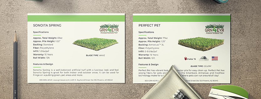 Postcard mockup for the company Grn 4 Evr displayed on a concrete table.