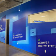Printed vinyl graphics covering a wall.