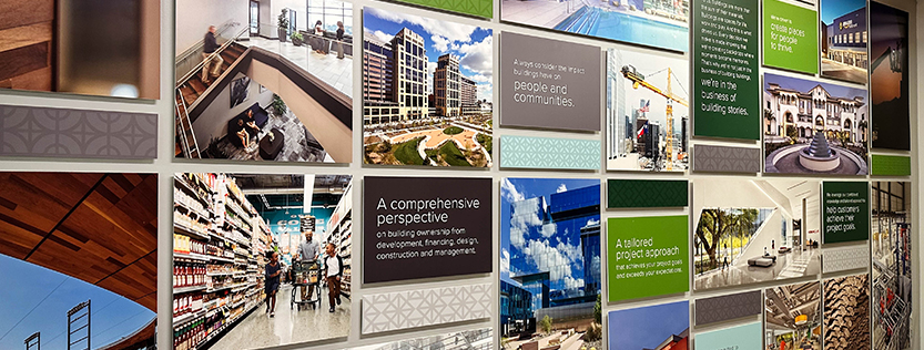Dimensional signage displayed across an entire wall.