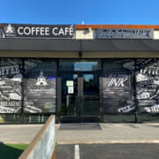 Coffee Cafe signage and printed window displays
