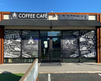 Coffee Cafe signage and printed window displays
