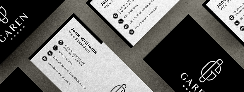 Mockup rendering of business cards for Garen Hotels.