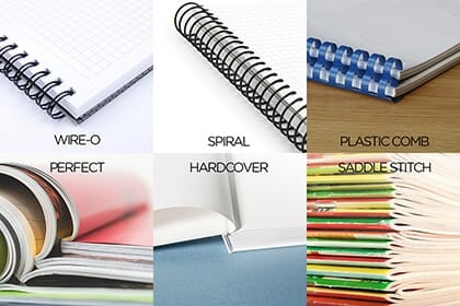 Binding options for manual printing and book printing - Wire-O, Spiral, Hardcover, Saddle Stitch, etc.