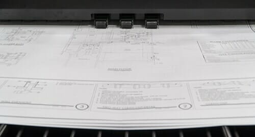 B&W printer printing an architectural drawing