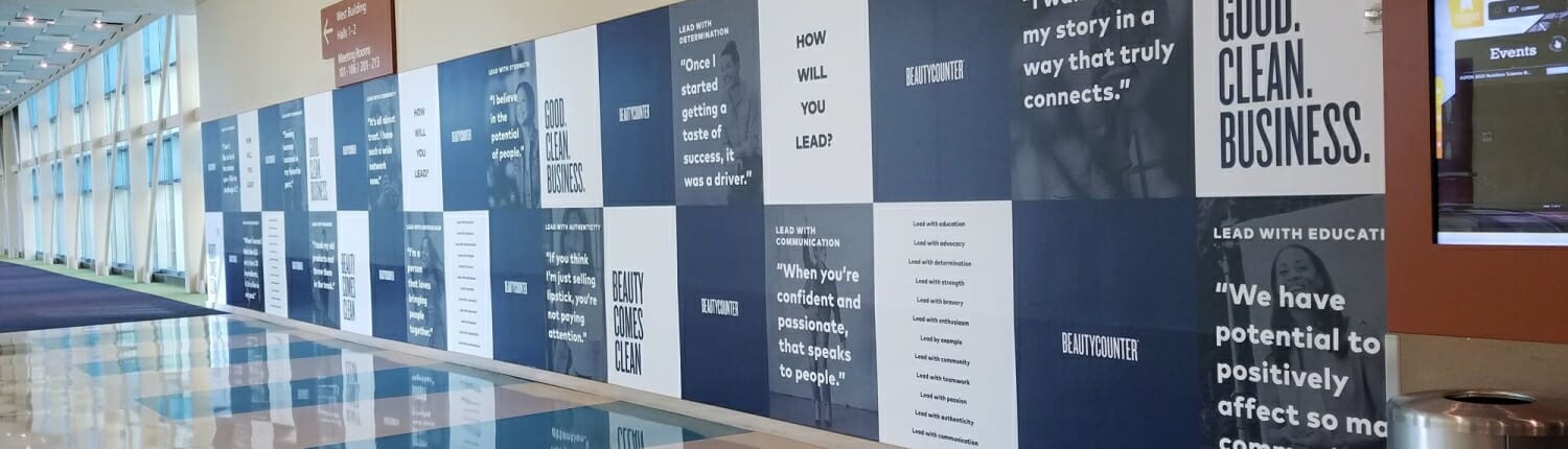 Printed wall graphics in the hallway of an educational institution