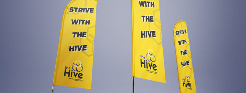 Printed feather flags for the Hive