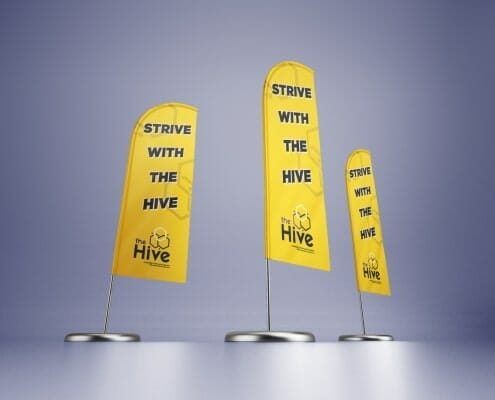 Printed feather flags for the Hive