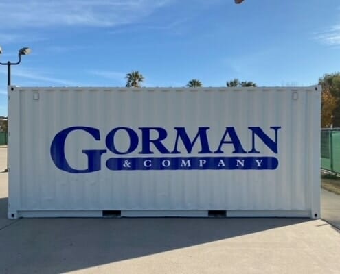 Printed vinyl graphics for Gorman & Company on the side of a shipping container