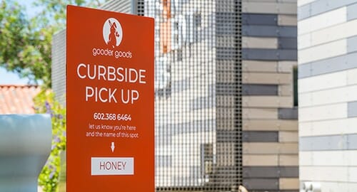 Printed Curbside Pickup way-finding signage for Gooder Goods