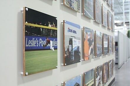 Examples of printed wall graphics on a display wall