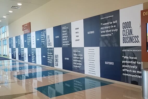 Long corridor with at an educational facility with full printed wall graphics