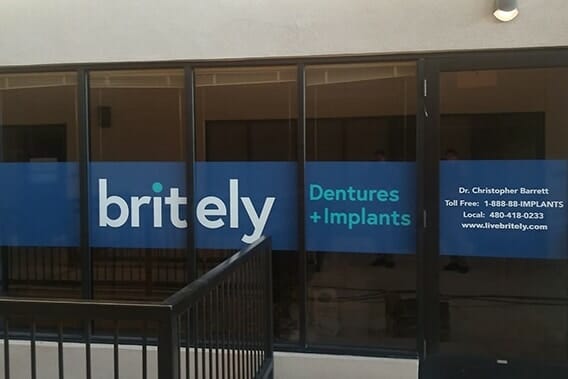 Printed window graphics for Britely Dentures + Implants