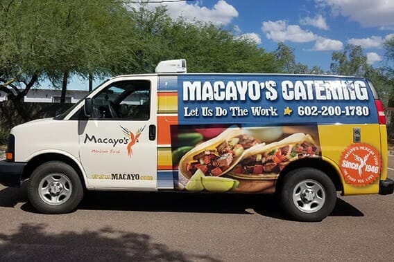 Vehicle wrap advertising on a van for Macayo's Catering