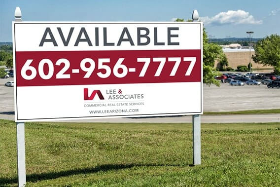 Large printed yard sign showing available lease by Lee & Associates