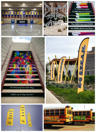 Samples of flag banner graphics, vehicle wraps and floor graphics