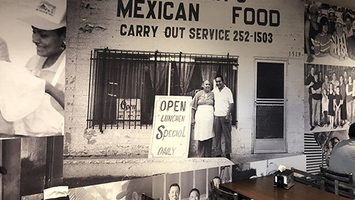 B&W wall graphic with vintage photo of Mexican Food storefront