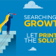 Graphic of a businessman with briefcase, cape and telescope at the top of stairs with the caption "Searching for Growth"