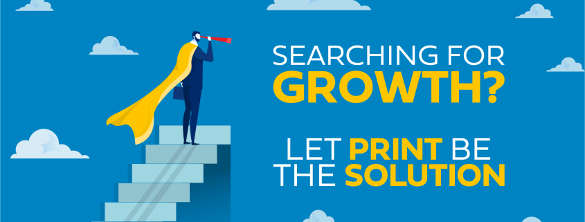 Searching For Growth - PRI Graphics & Signs animated man searching with monocular and seeing "searching for growth? let print be the solution"