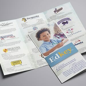 Printed tri-fold brochure featuring schools within the EdKey education system