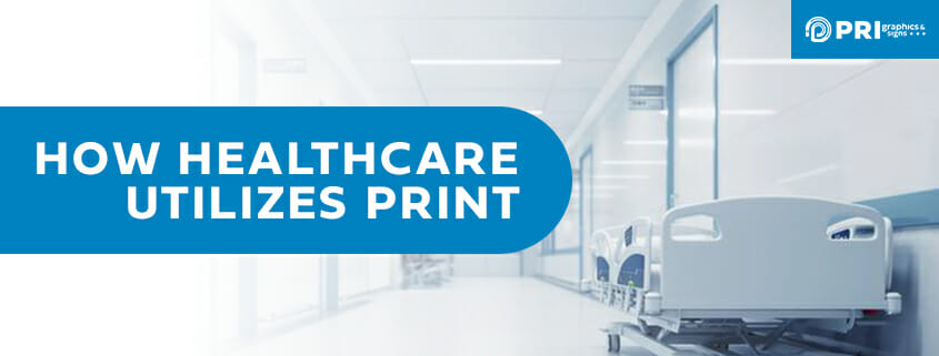 hospital clinic hallway with text showing "how healthcare utilizes print"