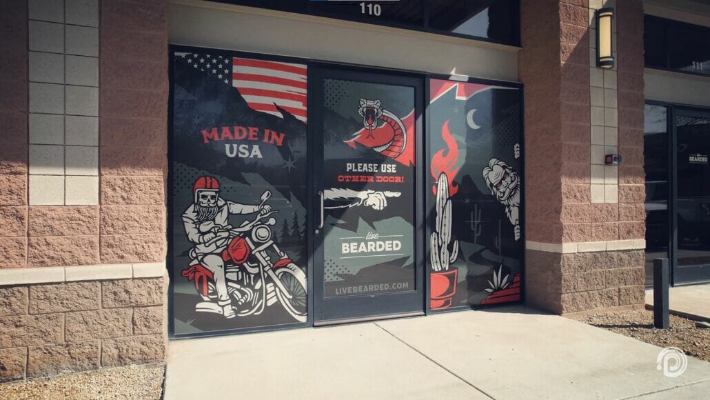 PRI Graphics and Signs photo of newly installed window graphics for Live Bearded business entrance.