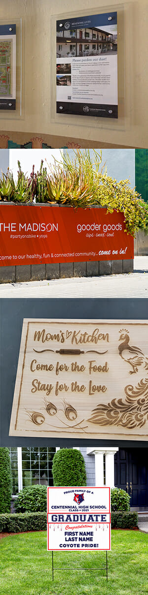 picture collage showcasing four materials in wide format printing acrylic acm wood coroplast
