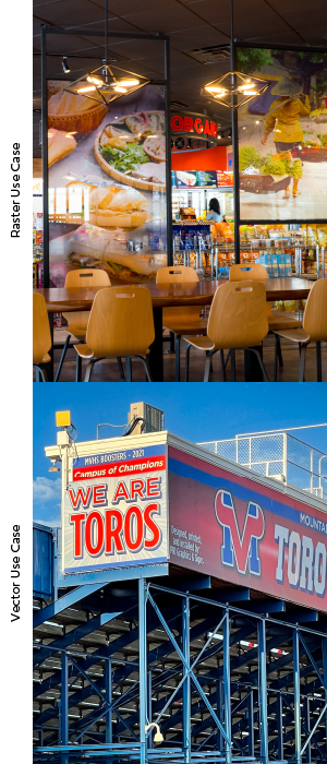 example of raster and vector use cases clear acrylic print and high school stadium print