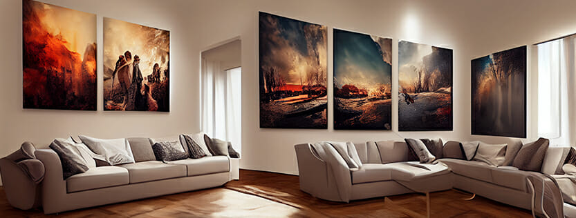 Multiple Realistic Canvas Photos Showcased on Living Room Wall_PRI Graphics Samples of printed full color panel wall art series