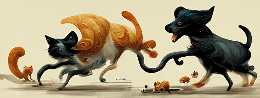 Funny Dog Chasing Cat_PRI Graphics Etsy printing of a stylized doc changing a cat