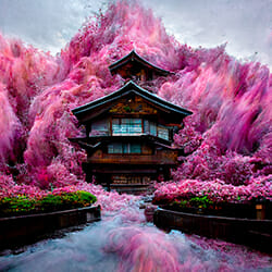 Printing of Pagota style house surrounded by pink colored nature