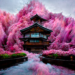 Historic Building with Vivid Colors_PRI Graphics Printing of Pagota style house surrounded by pink colored nature