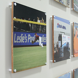 printed mdo signs installed to wall using standoffs for leslies pool supplies