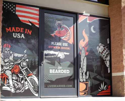 Perforated window graphics wrap for Live Bearded.