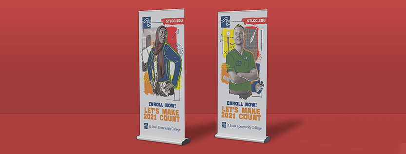 Two retractable college banners with a red background wall in the distance.