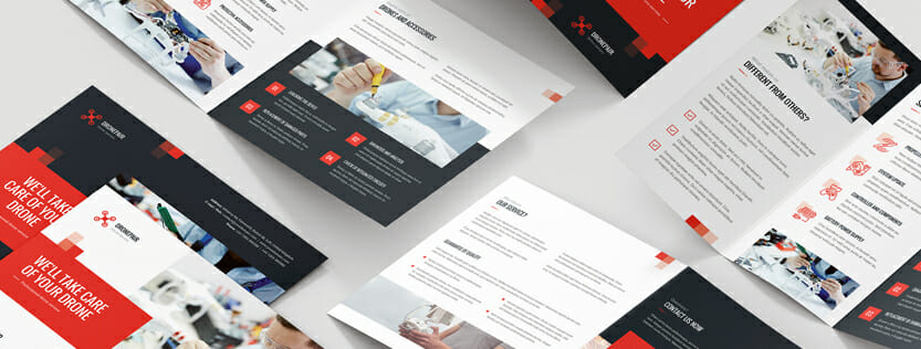Examples of 6 different layouts for a full color brochure about drones.
