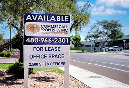 PRI-Signage-Page-Temporary Commercial real estate property sign displaying leasing office space.