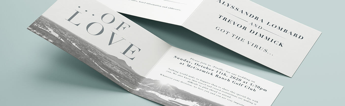 Black and white printed wedding invitation bifold.