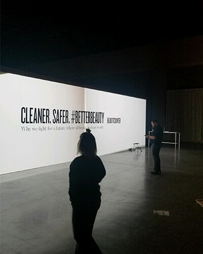 Large backlit fabric display for trade show.