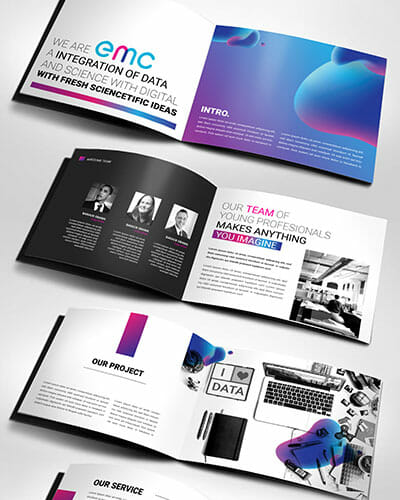 Saddle-stitched brochure featuring various pages throughout its design.