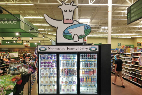 POP display for Shamrock Farms in a supermarket.