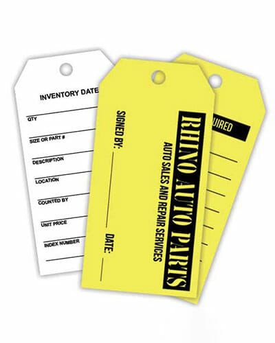 Various auto parts tags.