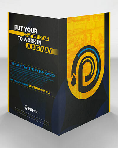 Full-color presentation folder sitting upright and displaying the front and back printing.