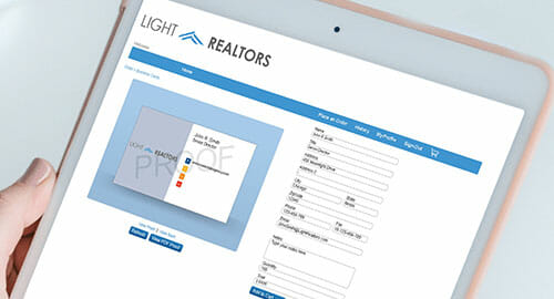 iPad tablet showcasing business card ordering online.