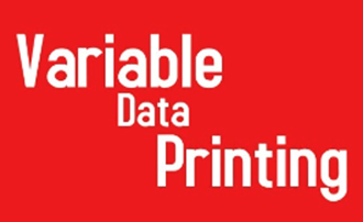 Red background with white lettering that says Variable Data Printing